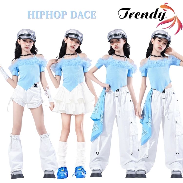 Rakuten - ホワイト ブルー 青い トップス パンツ スカート カーゴパンツ 短パンツ キッズ ダンス セットアップ 肩出し 韓国 k-pop ヒップホップ 女の子 ギャル アイドル かっこいい カジュアル 子供服 ステージ衣装 jazz ジャズダンス 団体服 個性派 練習着 演出服 原宿系 110-180cm