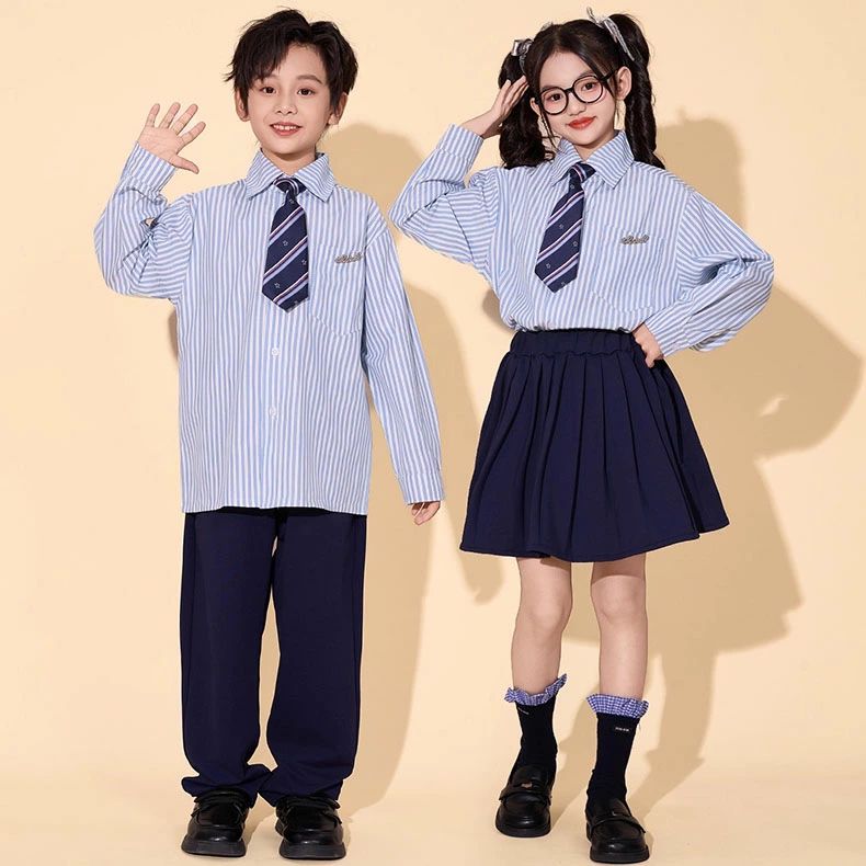 ネイビー ブルー 長袖シャツ JK制服 パンツ プリーツスカート ストライプ柄 キッズ ダンス セットアップ 卒業式 入学式 小学生 中高生 ヒップホップ 男の子 女の子 かっこいい フォーマル 子供服 ステージ衣装 ジャズダンス 団体服 合唱団 練習着 演出服 110-180cm