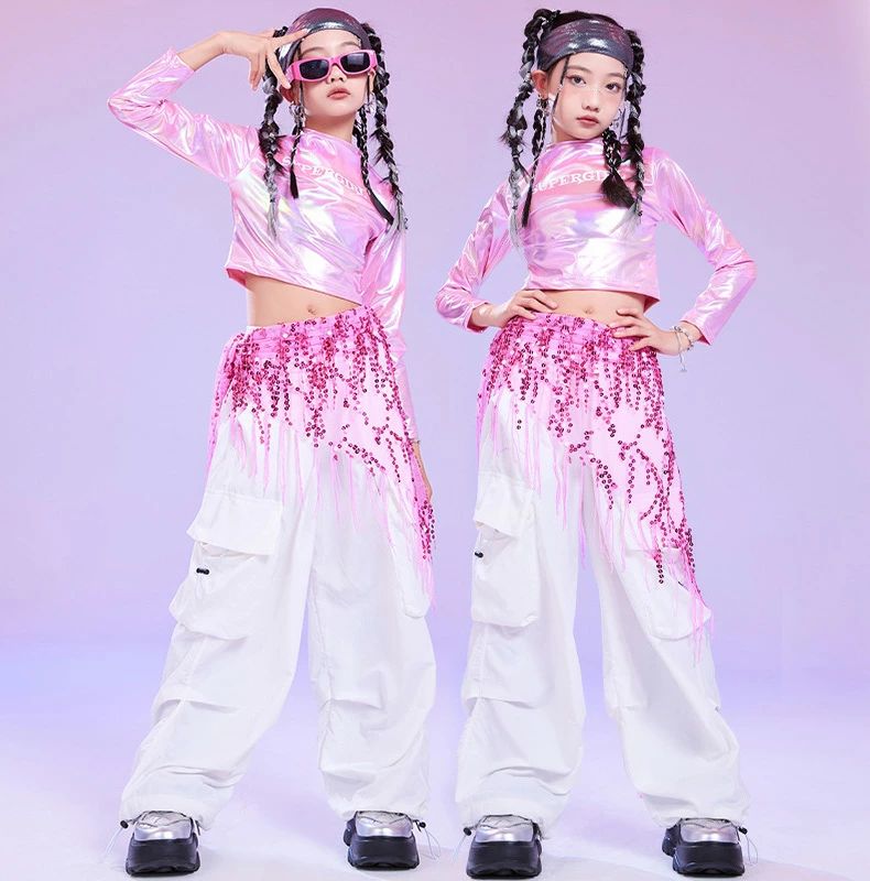 ピンク ホワイト へそ出し 長袖 カーゴパンツ キッズ ダンス衣装 セットアップ ヒ...