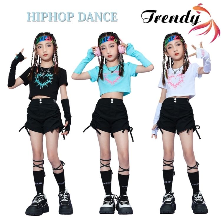 ブルー ホワイト ブラック 青色 白 黒 キッズダンス衣装 セットアップ ヒップホップ 半袖 トップス ショーツ パンツ 子供服 hiphop 女の子 ギャル アイドル ダンスウェア 原宿系 発表会 演出服 練習服 応援団 個性 団体服 派手 かっこいい おしゃれ 110-180cm