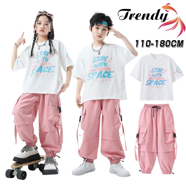 人気検索キーワード：白 ピンク ホワイト トップス Tシャツ 長パンツ カーゴパンツ キッズ ダンス セットアップ 韓国 k-pop ヒップホップ 男の子 女の子 ギャル かっこいい 可愛い カジュアル レジャー ゆったり 子供服 ステージ...