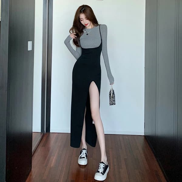 おしゃれ セットアップ 2点セット トップス+ワンピース サロペット キャミワンピ タイトスタイル ロング丈 レディース カジュアル フォーマル オフィス 通勤 OL 気質 上品 淑女 おしゃれ セクシー オシャレ お出かけ 同窓会 謝恩会 二次会 韓国ファッション