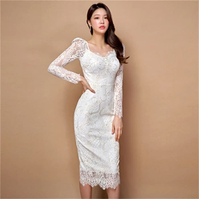 レースワンピース　ワンピースドレス　タイトワンピース　 姫系ワンピース フォーマルワンピース　長袖 膝丈　オシャレ エレガント 大人かわいい 華やか 上品 ミモレ丈 オフィスレティース　OL　結婚式 　入園式　卒業式　お呼ばれ 　韓国ファッション