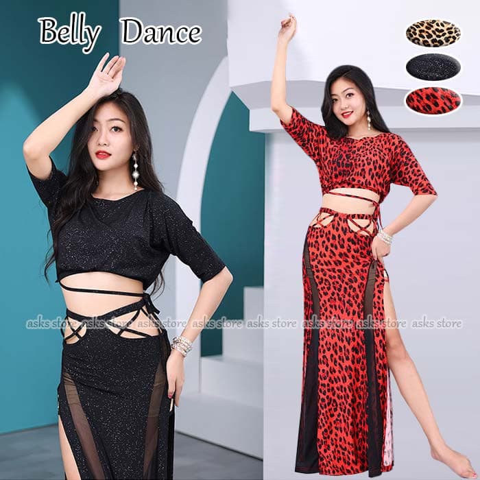 ベリーダンス衣装 レディースダンスウェア ダンストップス へそ出し ロングスカート スリット入り ヒョウ柄 ラメ入り シースルー belly dance 練功服...