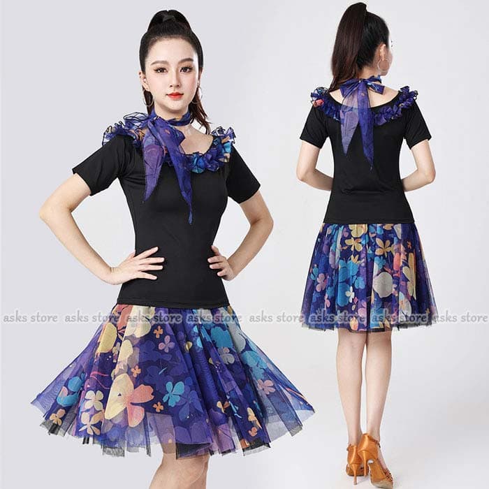 社交ダンス衣装 セットアップ 新作 花柄 ダンストップス 半袖 ラテン チャチャ ダンススカート チュール フレア裾 スカーフ セットアップ 大人 レディース モダンダンス ステージ衣装 演出服 ダンス衣装 ダンス レッスン着 競技着 練習服 練功服 舞台用 大きいサイズ