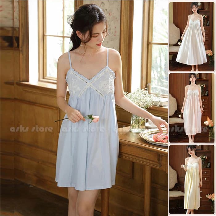 ネグリジェ ワンピース ルームウェア キャミソール ゆったりワンピースパジャマ 膝丈 ロング丈 ナイトウェア インナー お姫系 部屋着 レース 花刺繍 可愛い 天使風 ナイトドレス 下着 キャミワンピ 寝間着 おうち 上品な部屋着 ホワイト ピンク ブルー イエロー M L XL