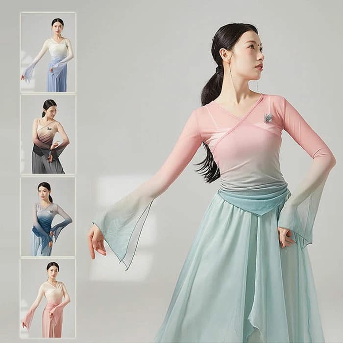 古典美人 ダンスブラウス グラデーション Vネック 袖スリット 蝶柄 配色 古典ダンスウェア シースルー 長袖 チュール トップス 中華風ブラウス ダンストップス レディースダンス衣装 練功服 競技着 練習着 透け感 古典/バレエ/ヨガダンス衣装 社交ダンスウェア 着痩せ