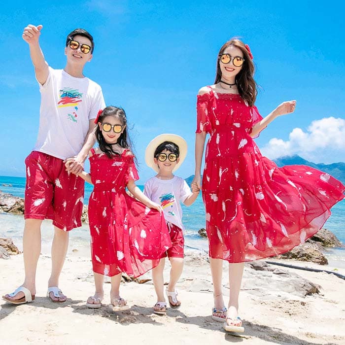 親子 ペアルック 夏 ボヘミアン風 家族お揃い 親子コーデ 親子ペア tシャツ ワンピース 肩出し ショー..