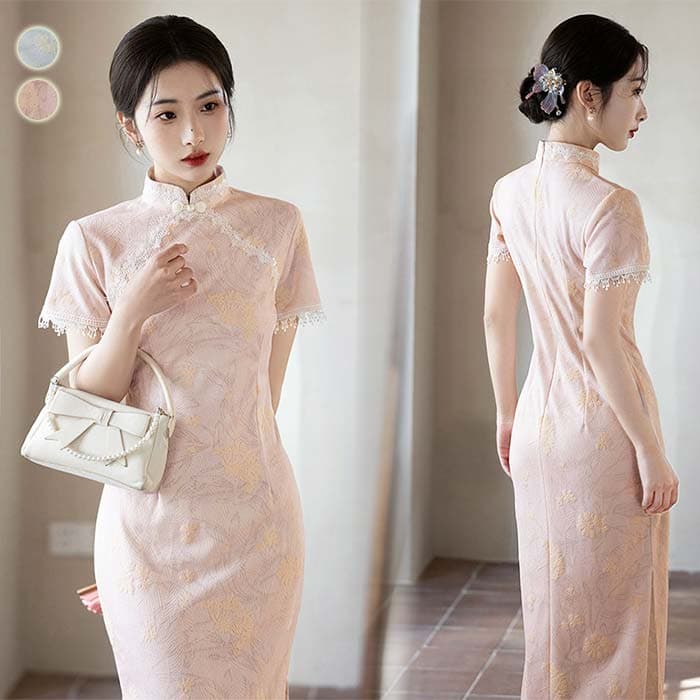 レディースロングワンピース チャイナドレス 旗袍 半袖 花レース 花柄 ジャガード エレガント 普段着 チャイナワンピース 中華ドレス チャイナ風 結婚式 パーティー 二次会 結婚式 大人 スリム チャイナ服 中華古典 フォマール ドレス 発表会 演奏会 ドレス 着痩せ S〜3XL