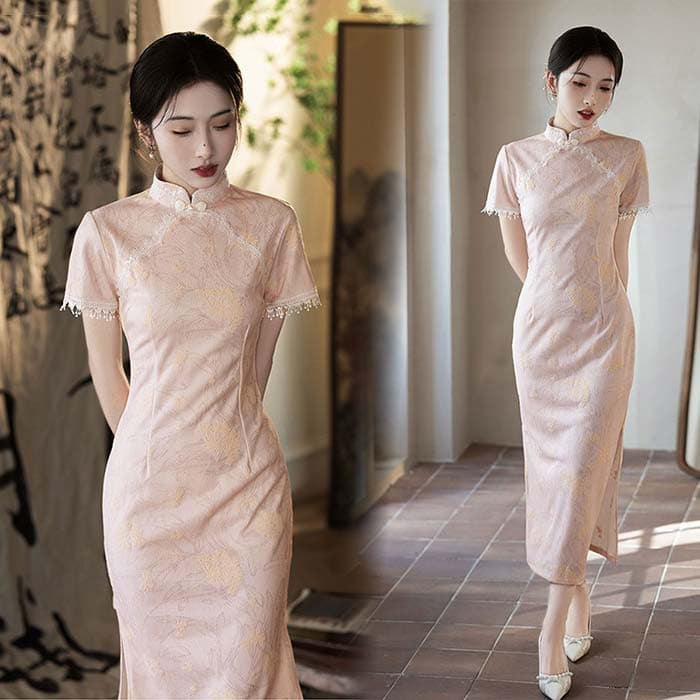 レディースロングワンピース チャイナドレス 旗袍 半袖 花レース 花柄 ジャガード エレガント 普段着 チャイナワンピース 中華ドレス チャイナ風 結婚式 パーティー 二次会 結婚式 大人 スリム チャイナ服 中華古典 フォマール ドレス 発表会 演奏会 ドレス 着痩せ S〜3XL