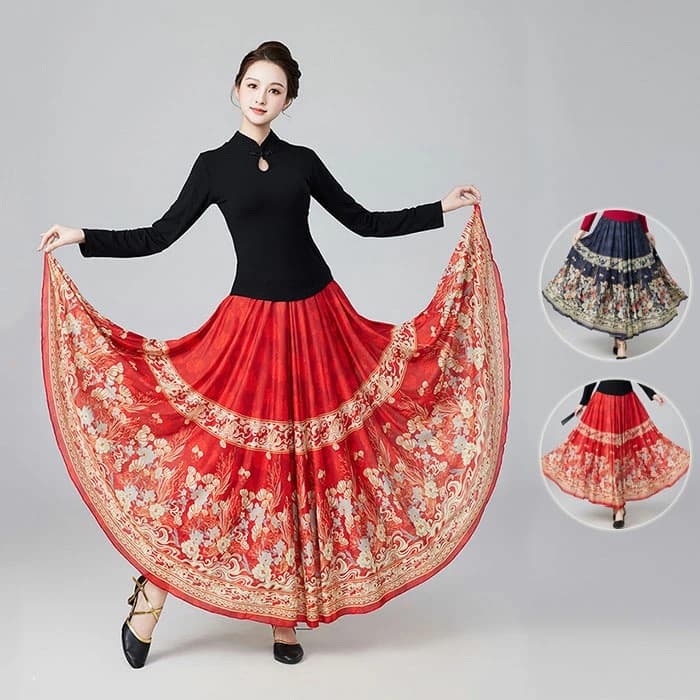 ダンス スカート ロング丈 民族風 広がる 大きい裾 古典ダンス 上下セット 長袖トップス フレア 大人 花柄 総柄 鮮やか エスニック 民族ダンス パーフォマンス フリル ダンス 練習着 レッスン着 ダンス レッスンウエア 合唱 中華民族ダンス ワルツ タンゴ エレガント