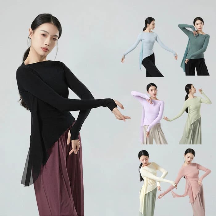 レディースダンストップス 全7色 長袖 前後2way ダンス衣装 モダンダンス 社交ダンス レッスン着 アシンメトリー スリット入り ダンスウェア 練功服 ダンス練習着 カジュアル ダンスウェア ジャズ モダン ヒップホップ 女性 不規則 裾 無地 おしゃれ S M L XL 2XL 3XL