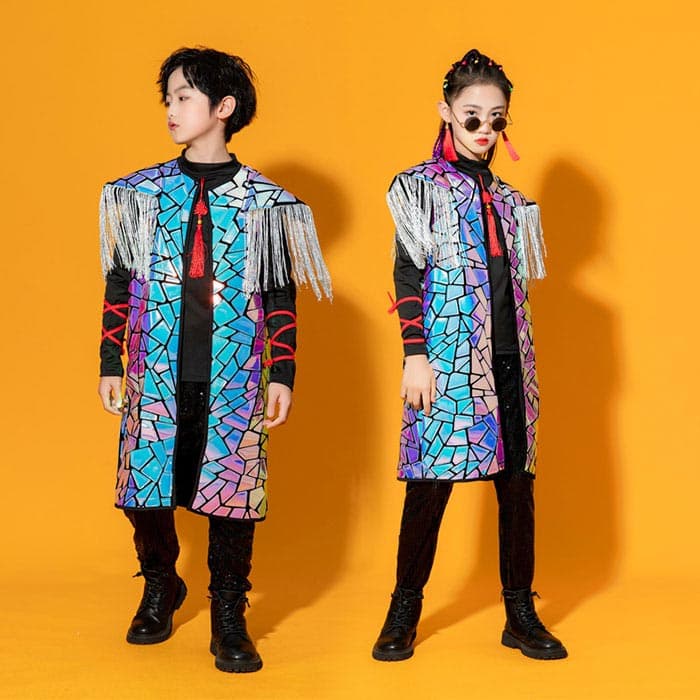 子供ステージ衣装 ジャズダンス ジャケット 男女兼用 ヒップホップ スパンコール アシンメトリー タッ..