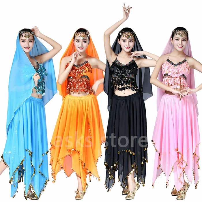 9色 ベリーダンス衣装 社交ダンス セットアップ レディースダンスウェア キャミソール スカート ヘッド..