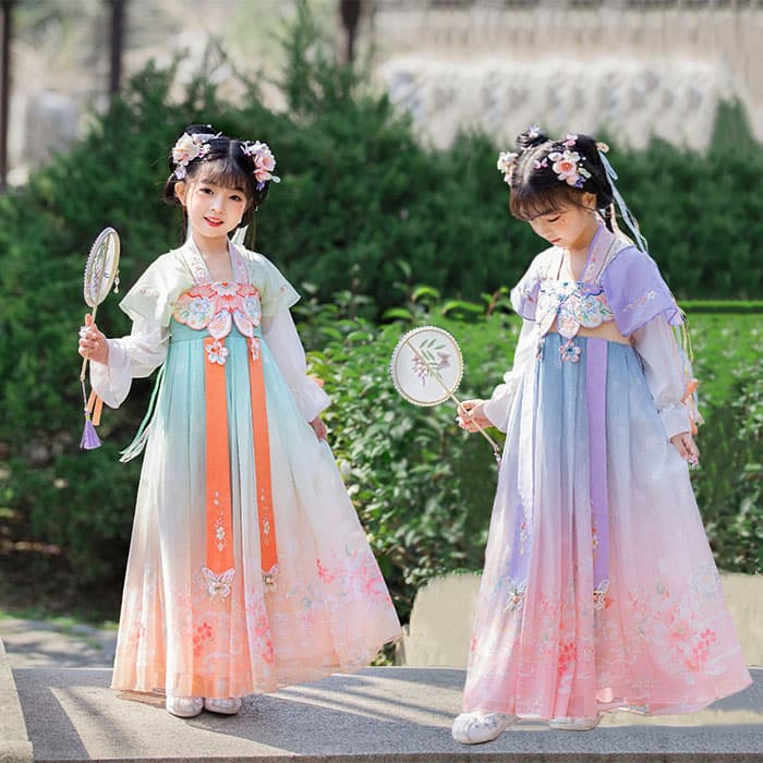 女の子ワンピース 子ども服 漢服 唐装 ワンピース コスプレ衣装 中華服 チャイナ服 花柄 蝶 華流舞台ス..