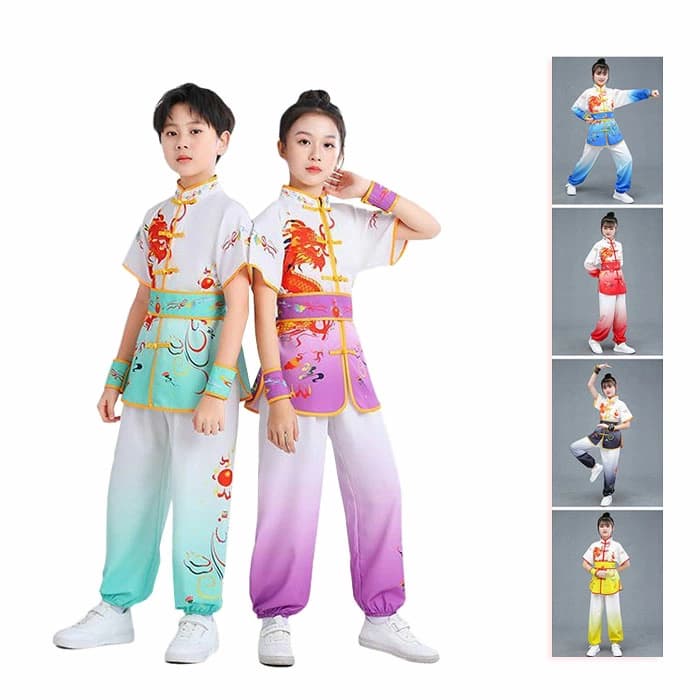 子供武術服 カンフーウェア 演武服 太極拳服 キッズ 上下セット 6色 グラデーション 長袖 半袖 男の子 女の子 舞台衣装 演出服 中華風 ジュニア 子ども服 気功 太極拳 プリント 中華コスプレ衣装 ハロウイン 仮装 公演服 練功服 イベント 学園祭 文化祭 おしゃれ 100cm-180cm