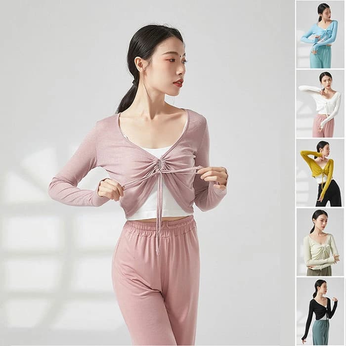 ダンストップス 6色 モダンダンスレッスン着 ダンス服 ダンスウェア ブラウス 長袖 指穴有り 胸元リボ..