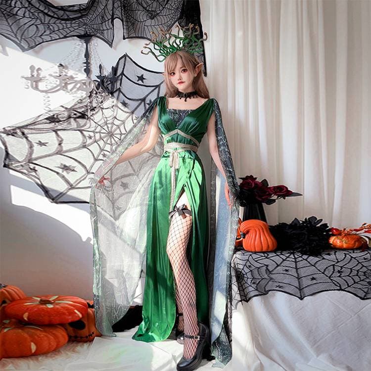 Halloween mitología griega costumbre cosplay medusa monstruos costumbre de Halloween costumbre 3 sets sexy verde Halloween (una pieza + cinturón + cabello) bruja costumbre cosplay costumbre costumbre Halloween Damas para mujeres Longo — vista 2