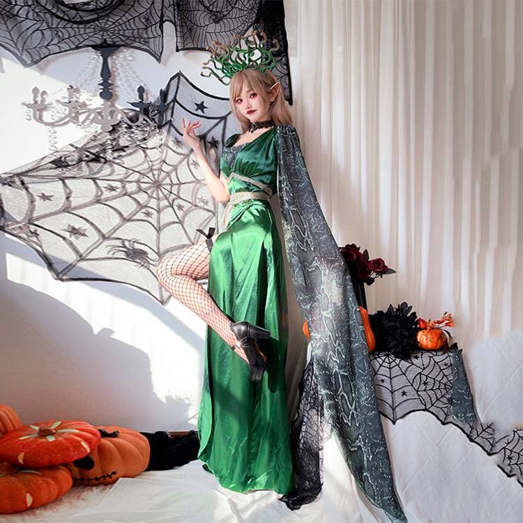 Halloween mitología griega costumbre cosplay medusa monstruos costumbre de Halloween costumbre 3 sets sexy verde Halloween (una pieza + cinturón + cabello) bruja costumbre cosplay costumbre costumbre Halloween Damas para mujeres Longo — vista 3