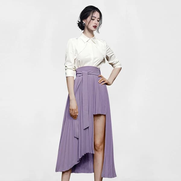 上下セット セットアップ スーツ ミニスカート 姫系 韓国 風 きれいめ Vネック 上下2点 着痩せ ミニ丈 パーティドレス 上品 エレガント 大人 可愛い スリム 大きいサイズ 女子会 二次会 結婚式　白　ホワイト　パープル　アシンメトリー　bauty1251