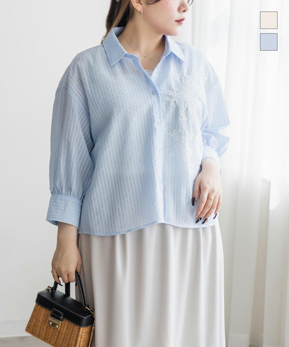 Rakuten - 大きいサイズ レディース レース付きシアーストライプショートシャツ 【LLサイズ・3Lサイズ・4Lサイズ】【大きいサイズ・レディース】13号・15号・17号・19号・21号・23号