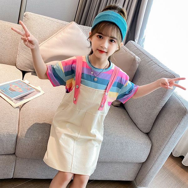 楽天NUKSTIR ナクスティア韓国子供服 女の子 夏服 セットアップ Tシャツ+ サロペットスカート 虹色Tシャツ 半袖 丸首 キュート ガールズ ジュニア服 2点セット 結婚式 パーティー 海外旅行 リゾート 普段着 通園 通学 110cm 120cm 130cm 140cm 150cm 160cm