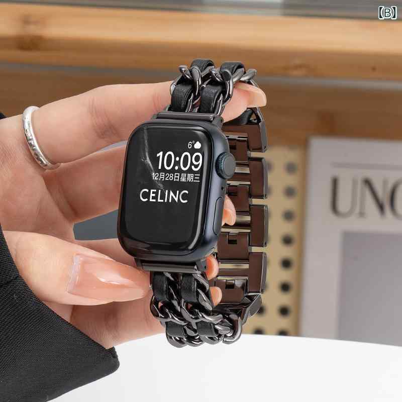 Apple Watch バンド フェイクレザー チェーン メタル 交換ベルト 細身デザイン 高級感 Apple Watch1-10/Ultra1-2/se対応