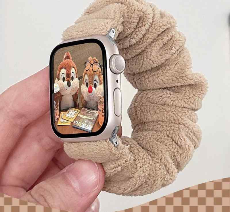 Apple Watch バンド もふもふ ぬいぐるみ生地 毛布 かわいい シュシュ風 交換ベルト 個性的 秋冬向け ..