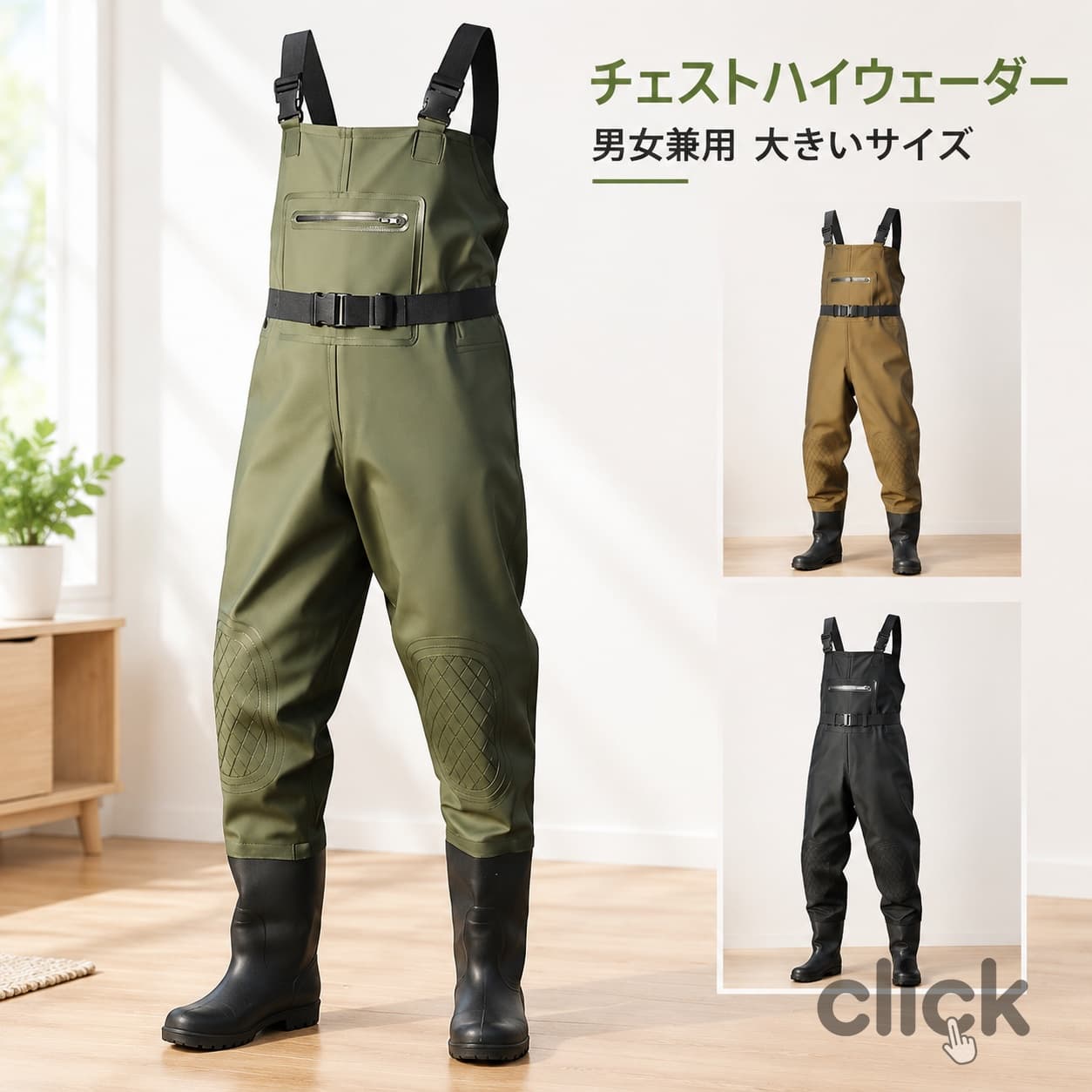 釣りや水辺作業に最適なウェーダー。パンツと長靴が一体化した設計で、水の侵入をしっかり防ぐ完全防水仕様。厚手素材を採用し、耐摩耗性に優れ、作業にも対応。膝部分には補強パッドを搭載し、擦れやすい部分をしっかり保護。幅広の弾力ショルダーベルトで肩への負担を軽減し、長時間でも快適。釣り・農作業・水中作業など幅広いシーンで活躍する実用モデルです。 サイズ 23.0cm 23.5cm 24.0cm 24.5cm 25.0cm 25.5cm 26.0cm 26.5cm 27.0cm 27.5cm 28.0cm 28.5cm サイズについての説明 ※サイズ表の実寸法は商品によって1-3cm程度の誤差がある場合がございます。 素材 PVC 色 ブラック グリーン カーキ 備考 ●サイズ詳細等の測り方はスタッフ間で統一、徹底はしておりますが、実寸は商品によって若干の誤差(1cm～3cm )がある場合がございますので、予めご了承ください。 ●製造ロットにより、細部形状の違いや、同色でも色味に多少の誤差が生じます。 ●パッケージは改良のため予告なく仕様を変更する場合があります。 ▼商品の色は、撮影時の光や、お客様のモニターの色具合などにより、実際の商品と異なる場合がございます。あらかじめ、ご了承ください。 ▼生地の特性上、やや匂いが強く感じられるものもございます。数日のご使用や陰干しなどで気になる匂いはほとんど感じられなくなります。 ▼同じ商品でも生産時期により形やサイズ、カラーに多少の誤差が生じる場合もございます。 ▼他店舗でも在庫を共有して販売をしている為、受注後欠品となる場合もございます。予め、ご了承お願い申し上げます。 ▼出荷前に全て検品を行っておりますが、万が一商品に不具合があった場合は、お問い合わせフォームまたはメールよりご連絡頂けます様お願い申し上げます。速やかに対応致しますのでご安心ください。