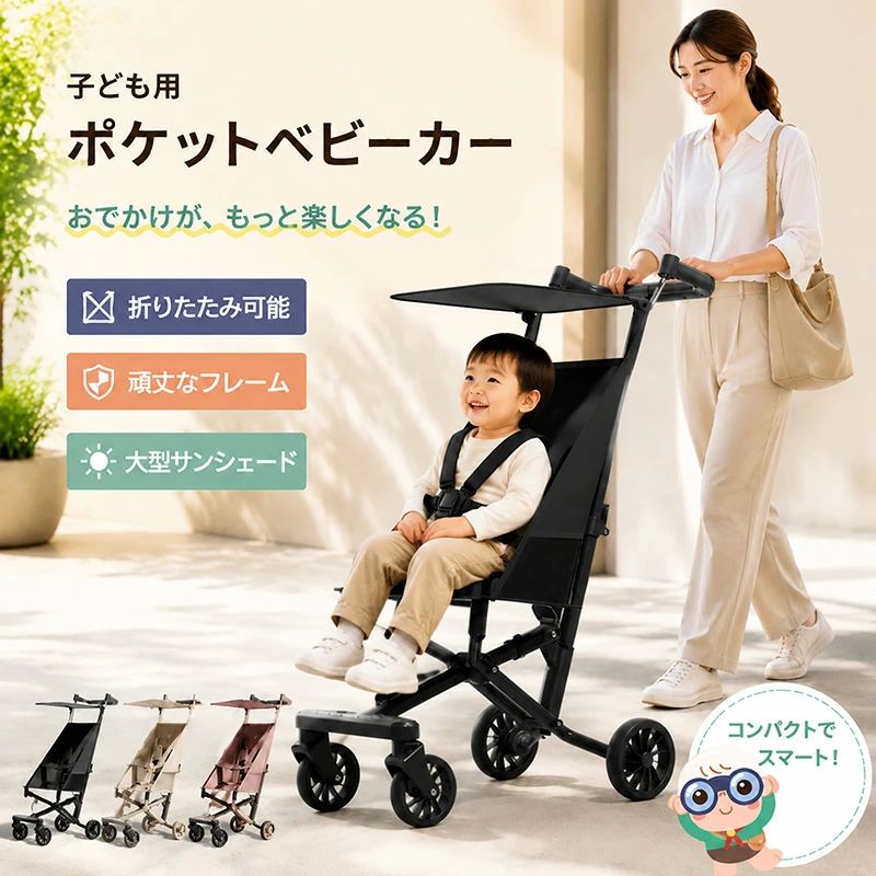 商品名：多機能お出かけバギー 主な特徴 コンパクトに折りたたみ可能 軽量で薄型設計。収納場所を選ばず、トランクや電車内にも楽に持ち込めます。 頑丈なフレーム構造 ワイド設計の車体と横転防止構造により、安定した走行を実現。段差やカーブでも安心です。 大型サンシェード付き 紫外線や風雨から赤ちゃんをしっかりガード。デリケートなお肌を守ります。 スムーズな走行性能 前輪は360度回転キャスター、後輪は直進安定設計で、ストレスフリーな走行が可能です。 二重ロック構造のリクライニング ダブルセーフティ設計で背もたれが安全に固定。お子さまが快適にお昼寝できる環境を実現します。 大容量収納バスケット お出かけに必要な荷物をたっぷり収納。買い物や旅行にも便利です。 安定したホイールベース 広いホイールベースと安全な横転防止機能により、どんな道でも安定した走行が可能です。 サイズ目安（手作業による計測のため、約1～5cmの誤差が生じる場合があります） 全長：92cm 全高：64cm 全幅：43cm ご注意 実物を基準としてください。撮影時の照明やディスプレイの違いにより、色味が多少異なる場合がございます。