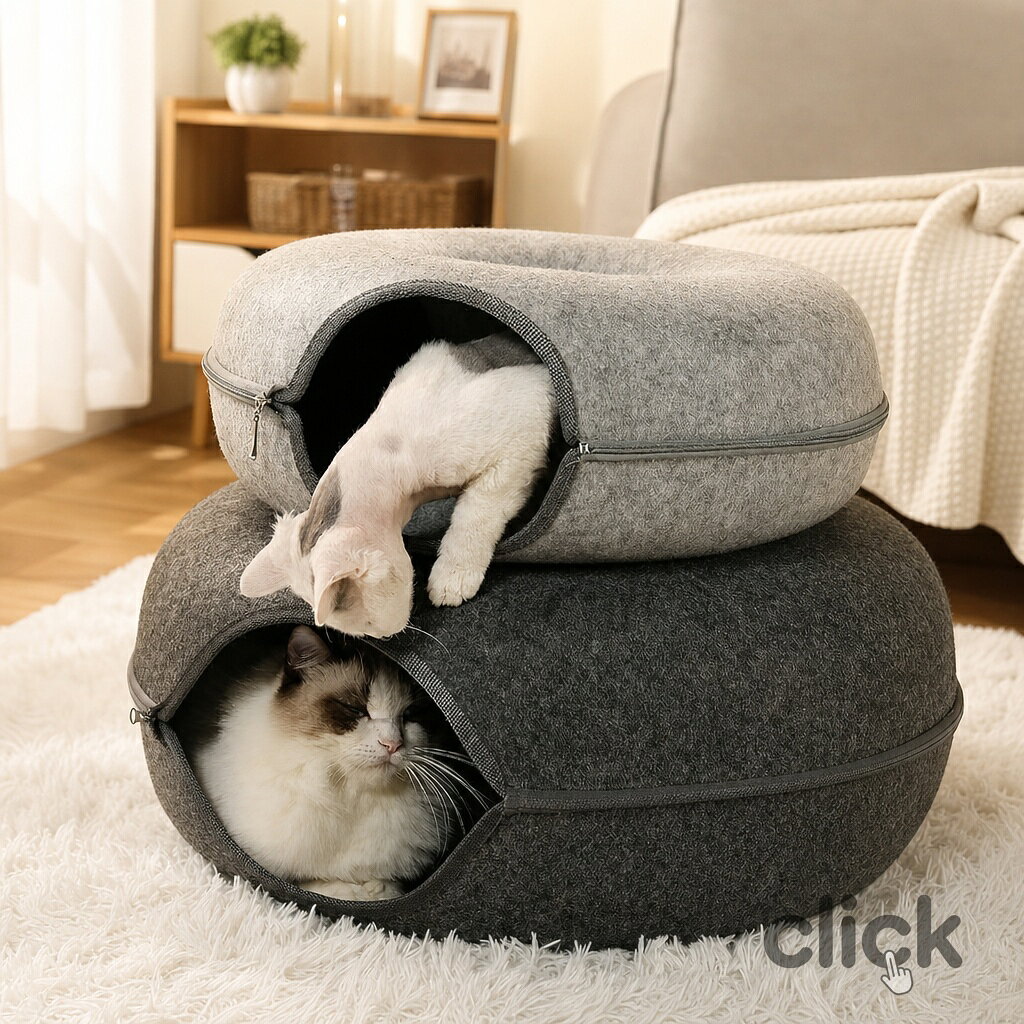 【商品コード】：y813434 【カラー】 ダークグレー、ライトグレー、ピンク、ブルー サイズ： S:直径：50cm 高さ：20cm (約) M:直径：60cm 高さ：28cm (約) 重さ：1.2kg (約) 材質：フェルト 原産国 : 中国 【この商品について】 ドーナツ猫のトンネル：猫のトンネルはフェルト素材でできており、耐摩耗性、耐傷性、お手入れが簡単です。猫用ベッドと猫用トンネルは、寝たり遊んだりするペットの二重のニーズを満たすためのツーインワン設計です。猫のトンネルのユニークなデザインは、ペットのさまざまな睡眠のニーズを満たすことができ、ペットをより快適にします。 広いスペースのデザインは、2匹の猫が一緒に遊んだり、一緒に楽しんだりするのに非常に適しています。 取り外し可能で洗えるデザイン：猫用ベッドは取り外して洗えます猫用ベッドは猫の隠れ方を満足させ、ペットの安心感と幸せ感を高めます。猫用ベッドは簡単に取り外してジッパーを開けると、1台の猫用ベッドが2台の猫用ベッドになります。