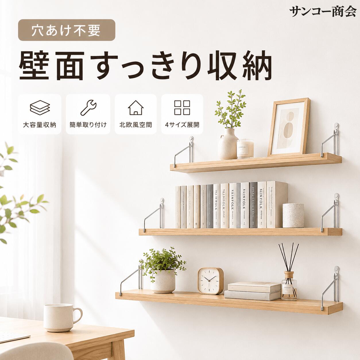 北欧風 ウォールシェルフ 壁へのダメージを抑えて設置できる、北欧風デザインのウォールシェルフ。 ピン固定式なので、大きな穴あけ工事が不要で、賃貸のお部屋にもおすすめです。 三角サポート構造で棚板をしっかり支え、収納スペースをすっきり有効活用できます。 ■ 主な特長 01　大きな穴あけ工事不要 ピン固定式で、壁へのダメージを抑えて取り付けできます。 02　北欧風シンプルデザイン リビングやキッチン、玄関など、さまざまなお部屋に馴染みやすいデザインです。 03　三角サポート構造 棚板をしっかり支える安定感のある構造です。 04　厚みのある棚板 見た目にも安定感があり、小物や雑貨をすっきり収納できます。 05　簡単4ステップ設置 複雑な作業を必要とせず、簡単に取り付けできます。 06　壁面スペースを有効活用 床面積を使わず、限られたスペースに収納場所を追加できます。 --エスティ商事 ■ サイズ展開　全4サイズ 30cm × 15cm 小物や雑貨の収納におすすめ 40cm × 15cm 写真や小物をバランスよくディスプレイ 60cm × 15cm 本や小物をまとめて収納 90cm × 15cm 横幅を活かしてたっぷり収納 ■ カラー展開　全2色 カラー ホワイト / 木目調 ■ 取り付け方法 STEP 1　ブラケットを差し込む STEP 2　取り付け位置を決める STEP 3　ピンを固定する STEP 4　棚板を設置して完成 ■ 商品仕様 商品名 ウォールシェルフ カラー ホワイト / 木目調 材質 棚板：木材 / ブラケット：スチール 設置方法 ピン固定式 使用場所 リビング / キッチン / 洗面所 / トイレ / 玄関 など ■ ご購入前にご確認ください ※ピン固定式のため、壁面に小さなピン穴が残る場合がございます。 ※壁材や取り付け場所によっては設置できない場合がございます。 ※サイズは手作業で測定しているため、多少の誤差が生じる場合がございます。 ※モニター環境により、実際の商品と色味が異なって見える場合がございます。 --エスティ商事 北欧風 ウォールシェルフ 壁へのダメージを抑えて設置できる、北欧風デザインのウォールシェルフ。 ピン固定式なので、大きな穴あけ工事が不要で、賃貸のお部屋にもおすすめです。 三角サポート構造で棚板をしっかり支え、収納スペースをすっきり有効活用できます。 ■ 主な特長 01　大きな穴あけ工事不要 ピン固定式で、壁へのダメージを抑えて取り付けできます。 02　北欧風シンプルデザイン リビングやキッチン、玄関など、さまざまなお部屋に馴染みやすいデザインです。 03　三角サポート構造 棚板をしっかり支える安定感のある構造です。 04　厚みのある棚板 見た目にも安定感があり、小物や雑貨をすっきり収納できます。 05　簡単4ステップ設置 複雑な作業を必要とせず、簡単に取り付けできます。 06　壁面スペースを有効活用 床面積を使わず、限られたスペースに収納場所を追加できます。 --エスティ商事 ■ サイズ展開　全4サイズ 30cm × 15cm 小物や雑貨の収納におすすめ 40cm × 15cm 写真や小物をバランスよくディスプレイ 60cm × 15cm 本や小物をまとめて収納 90cm × 15cm 横幅を活かしてたっぷり収納 ■ カラー展開　全2色 カラー ホワイト / 木目調 ■ 取り付け方法 STEP 1　ブラケットを差し込む STEP 2　取り付け位置を決める STEP 3　ピンを固定する STEP 4　棚板を設置して完成 ■ 商品仕様 商品名 ウォールシェルフ カラー ホワイト / 木目調 材質 棚板：木材 / ブラケット：スチール 設置方法 ピン固定式 使用場所 リビング / キッチン / 洗面所 / トイレ / 玄関 など ■ ご購入前にご確認ください ※ピン固定式のため、壁面に小さなピン穴が残る場合がございます。 ※壁材や取り付け場所によっては設置できない場合がございます。 ※サイズは手作業で測定しているため、多少の誤差が生じる場合がございます。 ※モニター環境により、実際の商品と色味が異なって見える場合がございます。 --エスティ商事北欧風 ウォールシェルフ 壁へのダメージを抑えて設置できる、北欧風デザインのウォールシェルフ。 ピン固定式なので、大きな穴あけ工事が不要で、賃貸のお部屋にもおすすめです。 三角サポート構造で棚板をしっかり支え、収納スペースをすっきり有効活用できます。 ■ 主な特長 01　大きな穴あけ工事不要 ピン固定式で、壁へのダメージを抑えて取り付けできます。 02　北欧風シンプルデザイン リビングやキッチン、玄関など、さまざまなお部屋に馴染みやすいデザインです。 03　三角サポート構造 棚板をしっかり支える安定感のある構造です。 04　厚みのある棚板 見た目にも安定感があり、小物や雑貨をすっきり収納できます。 05　簡単4ステップ設置 複雑な作業を必要とせず、簡単に取り付けできます。 06　壁面スペースを有効活用 床面積を使わず、限られたスペースに収納場所を追加できます。 --エスティ商事 ■ サイズ展開　全4サイズ 30cm × 15cm 小物や雑貨の収納におすすめ 40cm × 15cm 写真や小物をバランスよくディスプレイ 60cm × 15cm 本や小物をまとめて収納 90cm × 15cm 横幅を活かしてたっぷり収納 ■ カラー展開　全2色 カラー ホワイト / 木目調 ■ 取り付け方法 STEP 1　ブラケットを差し込む STEP 2　取り付け位置を決める STEP 3　ピンを固定する STEP 4　棚板を設置して完成 ■ 商品仕様 商品名 ウォールシェルフ カラー ホワイト / 木目調 材質 棚板：木材 / ブラケット：スチール 設置方法 ピン固定式 使用場所 リビング / キッチン / 洗面所 / トイレ / 玄関 など ■ ご購入前にご確認ください ※ピン固定式のため、壁面に小さなピン穴が残る場合がございます。 ※壁材や取り付け場所によっては設置できない場合がございます。 ※サイズは手作業で測定しているため、多少の誤差が生じる場合がございます。 ※モニター環境により、実際の商品と色味が異なって見える場合がございます。 --エスティ商事 北欧風 ウォールシェルフ 壁へのダメージを抑えて設置できる、北欧風デザインのウォールシェルフ。 ピン固定式なので、大きな穴あけ工事が不要で、賃貸のお部屋にもおすすめです。 三角サポート構造で棚板をしっかり支え、収納スペースをすっきり有効活用できます。 ■ 主な特長 01　大きな穴あけ工事不要 ピン固定式で、壁へのダメージを抑えて取り付けできます。 02　北欧風シンプルデザイン リビングやキッチン、玄関など、さまざまなお部屋に馴染みやすいデザインです。 03　三角サポート構造 棚板をしっかり支える安定感のある構造です。 04　厚みのある棚板 見た目にも安定感があり、小物や雑貨をすっきり収納できます。 05　簡単4ステップ設置 複雑な作業を必要とせず、簡単に取り付けできます。 06　壁面スペースを有効活用 床面積を使わず、限られたスペースに収納場所を追加できます。 --エスティ商事 ■ サイズ展開　全4サイズ 30cm × 15cm 小物や雑貨の収納におすすめ 40cm × 15cm 写真や小物をバランスよくディスプレイ 60cm × 15cm 本や小物をまとめて収納 90cm × 15cm 横幅を活かしてたっぷり収納 ■ カラー展開　全2色 カラー ホワイト / 木目調 ■ 取り付け方法 STEP 1　ブラケットを差し込む STEP 2　取り付け位置を決める STEP 3　ピンを固定する STEP 4　棚板を設置して完成 ■ 商品仕様 商品名 ウォールシェルフ カラー ホワイト / 木目調 材質 棚板：木材 / ブラケット：スチール 設置方法 ピン固定式 使用場所 リビング / キッチン / 洗面所 / トイレ / 玄関 など ■ ご購入前にご確認ください ※ピン固定式のため、壁面に小さなピン穴が残る場合がございます。 ※壁材や取り付け場所によっては設置できない場合がございます。 ※サイズは手作業で測定しているため、多少の誤差が生じる場合がございます。 ※モニター環境により、実際の商品と色味が異なって見える場合がございます。 --エスティ商事