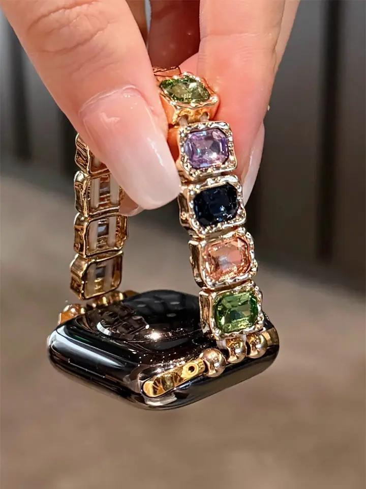 Apple Watch バンド アップルウォッチ 互換品 キラキラ ダイヤモンド パーツ ビーズ ブロック カラフル ピンク クリア シルバー ゴールド チェーン 金属 38mm 40mm 41mm 42mm 44mm 45mm 46mm 49mm