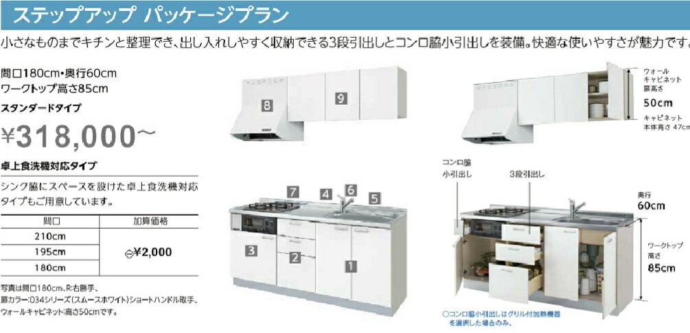 LIXILコンパートメントキッチンTio　ステップアップパッケージプラン（開き扉＋三段引き出しタイプ）　1800ミリタイプ（グリル付加熱機器）x吊戸H=500ミリ　扉グレード034シリーズ　メーカー直送便にてお届けの為代引き不可。離島は、別途送料掛かります。