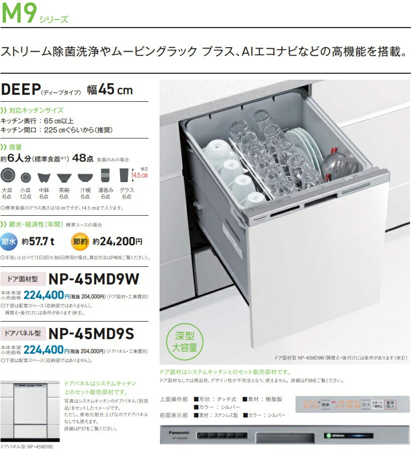 PANASONICビルトイン食洗機MD9シリーズNP-45MD9W　「ドア面材タイプ」　会社、個人事業主、店舗様限定。