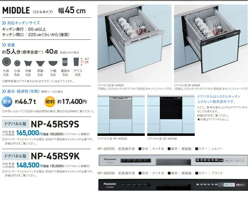 PANASONICビルトイン食洗機R9シリーズNP-45RS9S　「ドアパネルタイプ」　会社、個人事業主、店舗様限定。