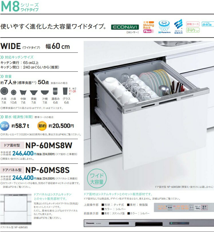 PANASONICビルトイン食洗機M8シリーズNP-60MS8S　「ドアパネルタイプ」　会社、個人事業主、店舗様限定。