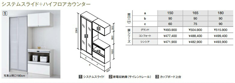 クリナップシステム収納ラクエラ システムライド＋ハイフロアカウンター(家電収納)プラン間口180cm　シンシアシリーズ￥548,680-　扉シリーズは、選択項目で。扉柄記号は、備考にご記入ください。メーカー直送にてお届け致します。