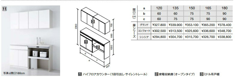 クリナップシステム収納ラクエラ　ハイフロアカウンター(家電収納)プラン 間口165cm　シンシアシリーズ￥364,760-　扉シリーズは、選択項目で。扉柄記号は、備考にご記入ください。メーカー直送にてお届け致します。