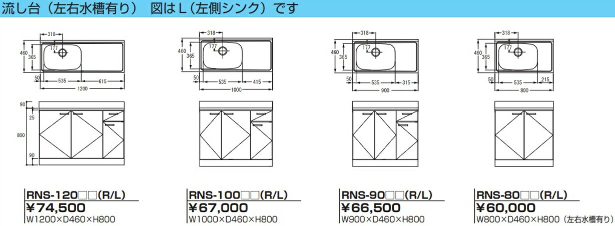 ライフ住器　流し台RNS-45/60/80/90/100/105/110/120カラー(R/L)x奥行45x高さ80cm...