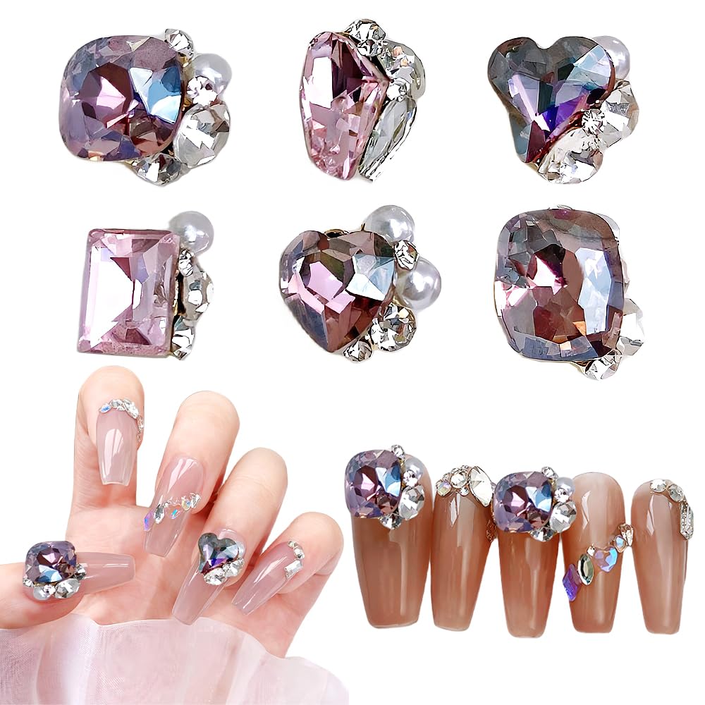 Chisafly ネイルストーン 大粒 ネイルパーツ ストーン クリスタル 宝石 キラキラ 立体 ハート スクエア 四角 レクタングル 6点セット (ピンク)