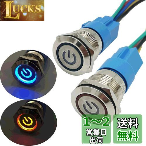 CESFONJER 2個金属ラッチ式押しボタンスイッチ、ワイヤーソケットプラグ付き防水トグルスイッチ、19mm 3/4 "取り付け穴12V電源用のLED電源記号付きシルバーステンレス鋼（赤+青）