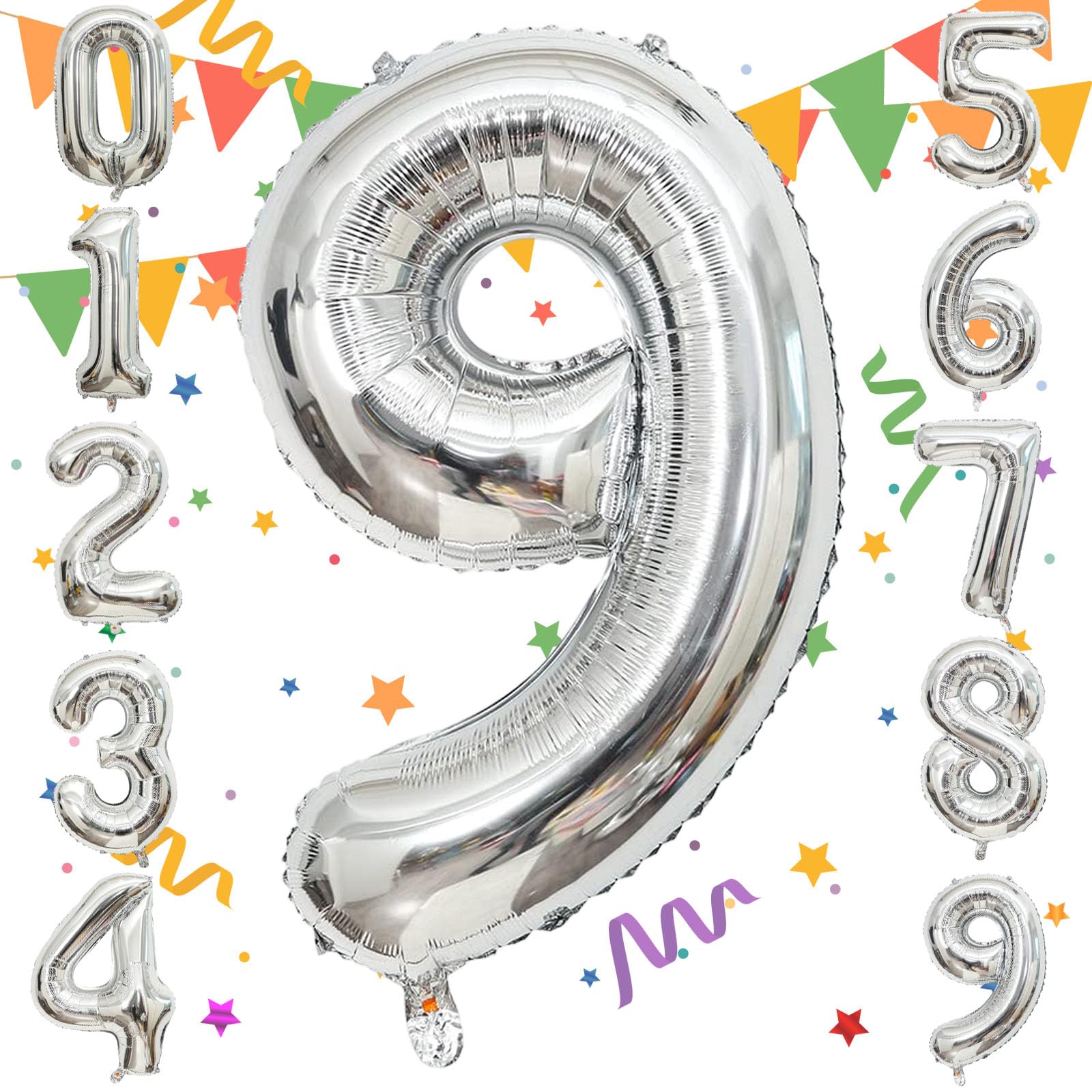 Sekat 数字 バルーン 40インチ シルバー ナンバーバルーン 誕生日 風船 バースデー 飾り アルミ風船 ハッピーバースデー 結婚式パーティー 記念日 ウェディング イベント お祝い 装飾 デコレーション（約84cm-90cm、9）