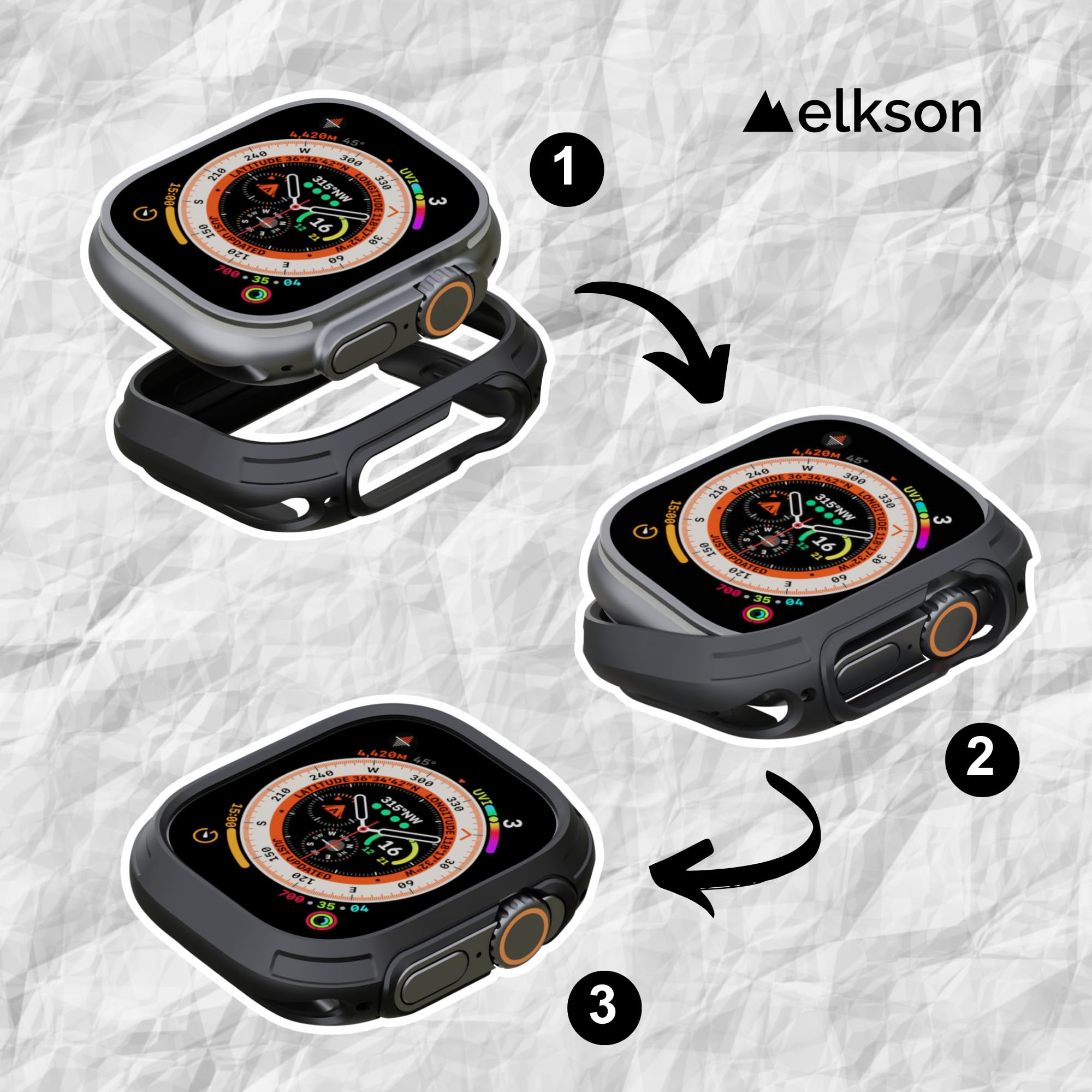 elkson Apple Watch Ultra 2/1 バンパーケース 49mm スクリーンプロテクター 強化ガラスと互換性あり, Quattro Max シリーズ 頑丈な iWatch 用, ミリタリーグレードの丈夫な保護カバー, 柔軟な耐衝撃性, 砂漠の黄褐色