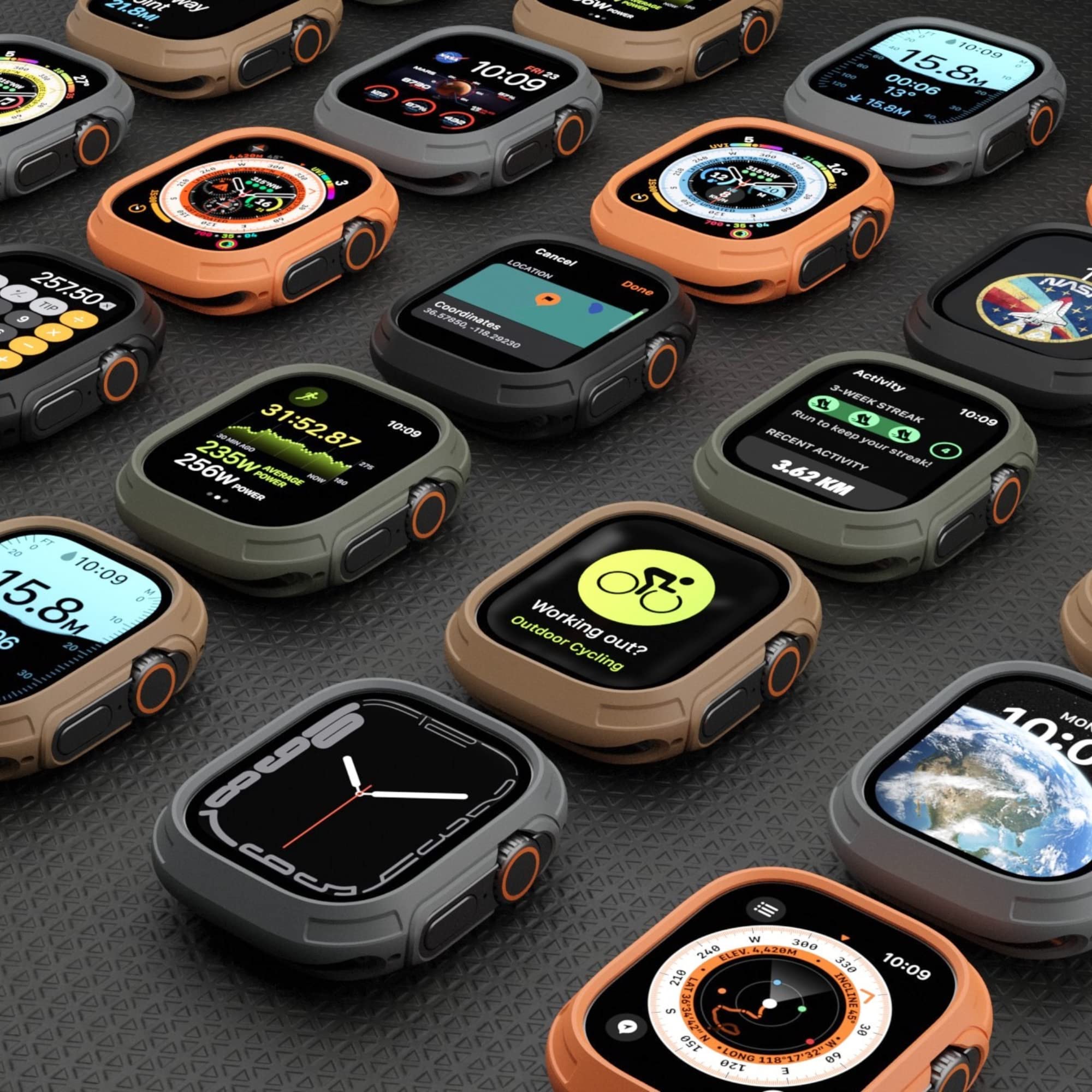 elkson Apple Watch Ultra 2/1 バンパーケース 49mm スクリーンプロテクター 強化ガラスと互換性あり, Quattro Max シリーズ 頑丈な iWatch 用, ミリタリーグレードの丈夫な保護カバー, 柔軟な耐衝撃性, 砂漠の黄褐色