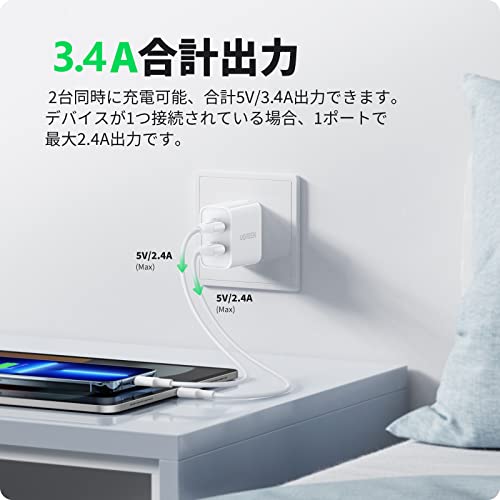 UGREEN usb充電器 2ポート USBフルスピード充電器 ACアダプター【3.4A PSE認証済み 折りたたみ式プラグ】 iPad/iPhone13/ XR Xs Max X 8 7 6S、Xiaomi、Google Pixel、Galaxy A10 A20 など対応