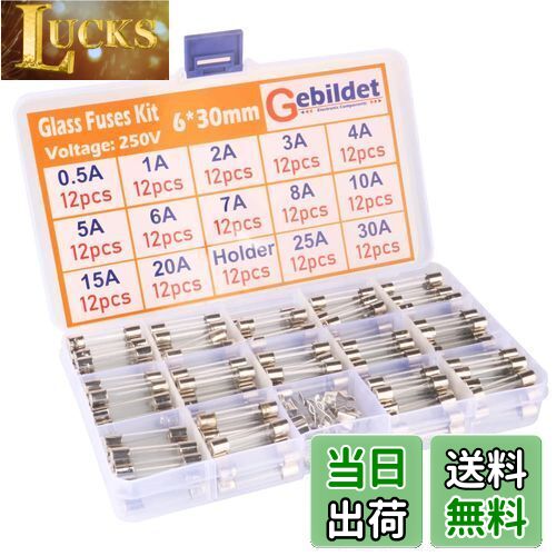 【送料無料】Kiligen 168個 6 * 30mm ガラス管 ヒューズ (0.5A/1A/2A/3A/4A/5A/6A/7A/8A/10A/15A/20A/25A/30A のヒューズを各12個づつの)+12個のヒューズホルダー