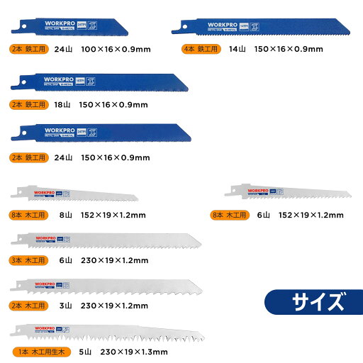 WORKPRO レシプロソー替刃 電気のこぎり替え刃 32点? 鉄工・木工用・生木用 枝打ち 庭木剪定 解体用 金属用 収納ポッチ付き
