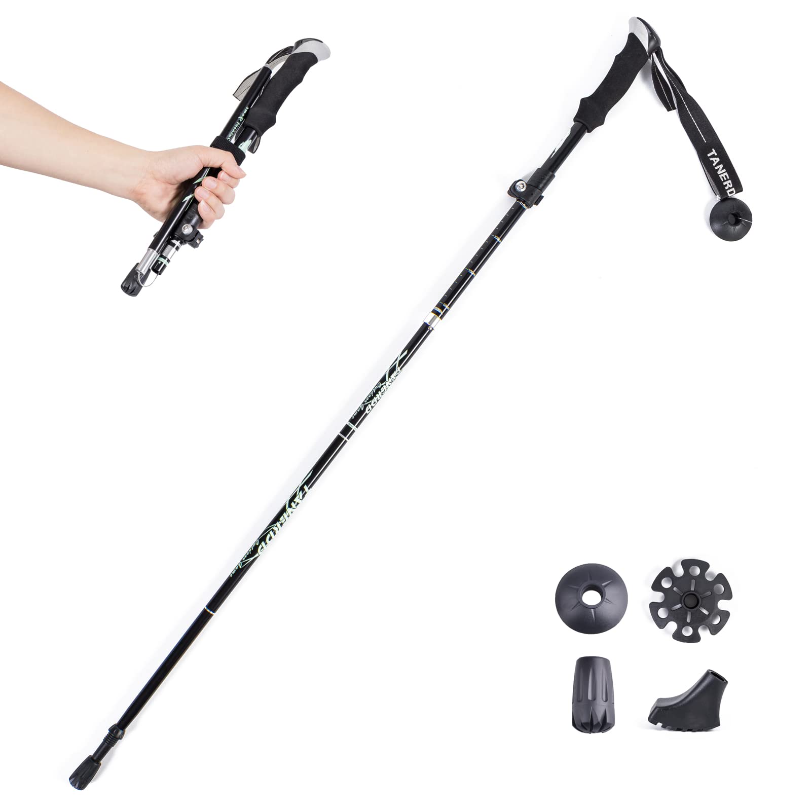 TRIWONDER トレッキングポール 折りたたみ 登山ストック ウォーキングポール 軽量アルミ製 1本セット コンパクト 収納バッグ付属品付き (ブラック - 110cm)