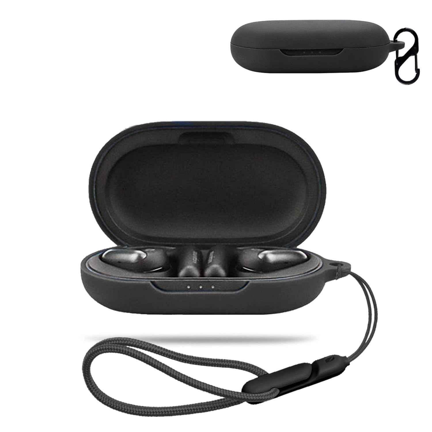 Anker Soundcore AeroFit 用 ケース カバー 【NOUKAJU】 ワイヤレス イヤーホン シリコン 保護ケース （カラビナ付き+ストラップ付き ） 落下防止 キズ防止 耐衝撃 装着充電可能 防水 防塵 (ブラック)